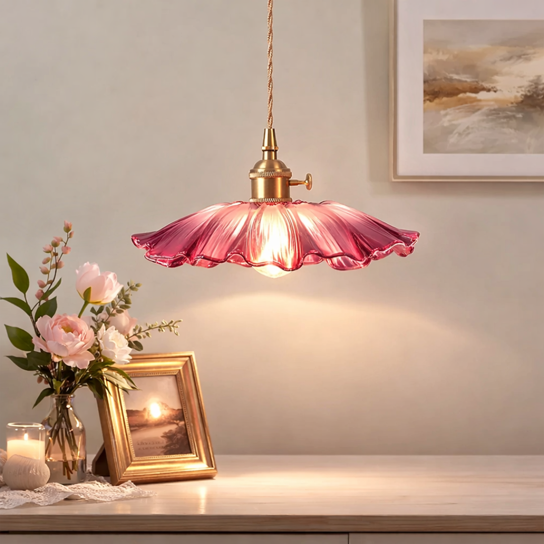 Cullivan Flower Pendant Light - Red Ribbed Glass