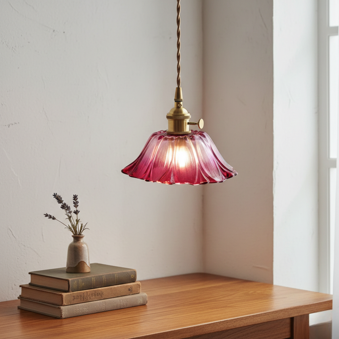 Cullivan Flower Pendant Light - Red Ribbed Glass