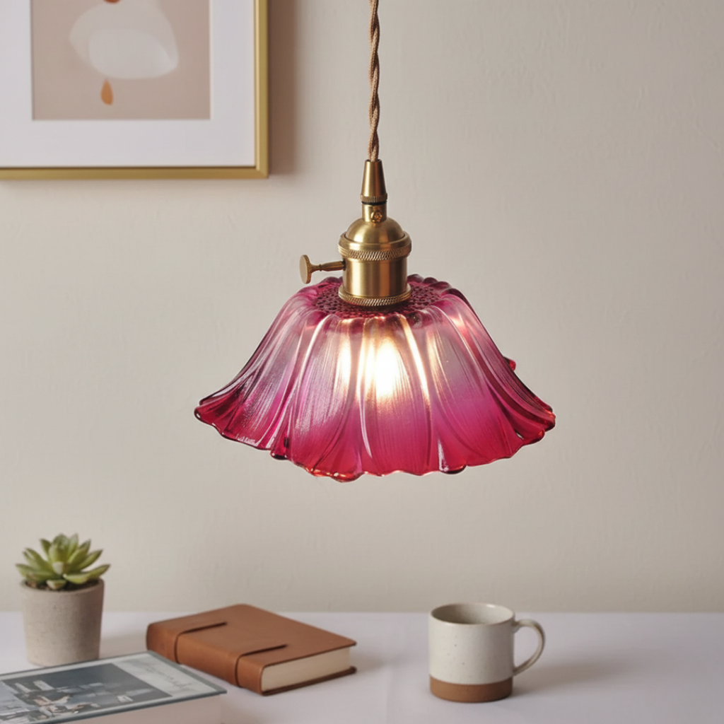 Cullivan Flower Pendant Light - Red Ribbed Glass